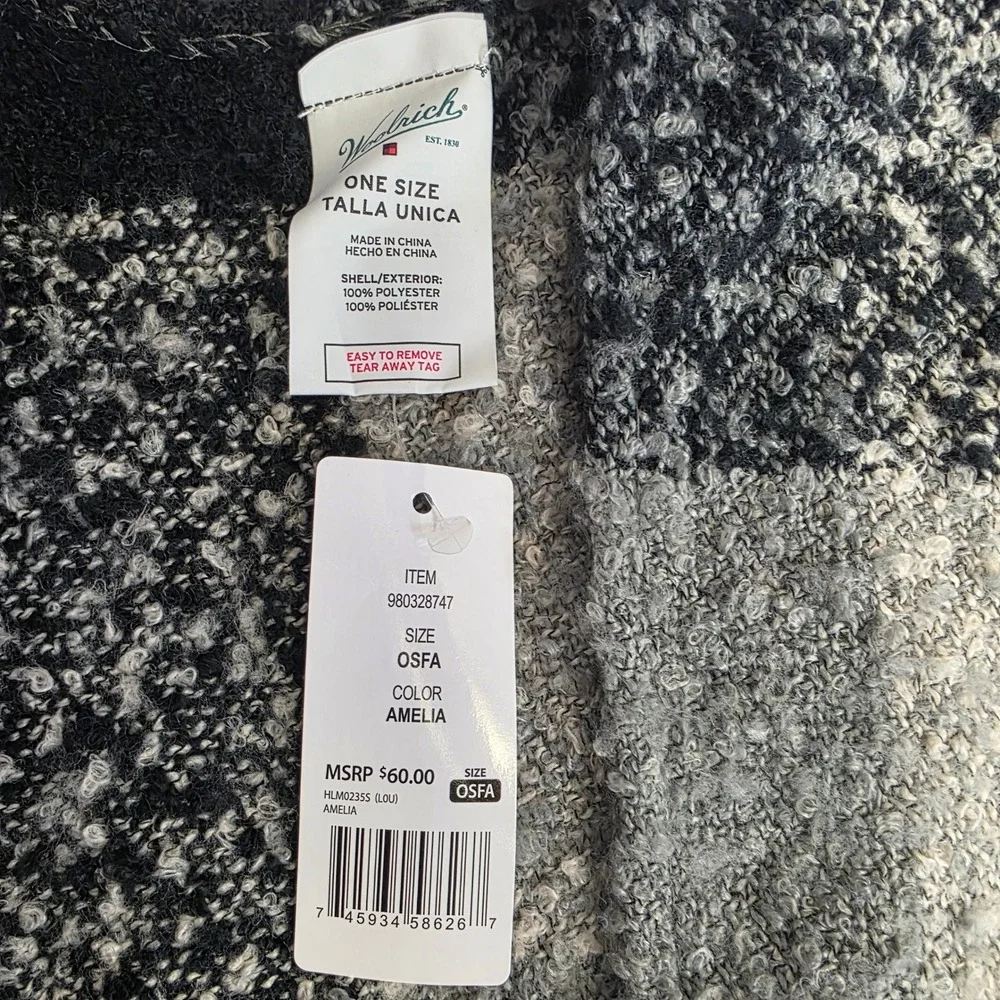 Woolrich Amelia Poncho Wrap‎ Black Grey Plaid Fringe Boucle Knit OSFA NEW